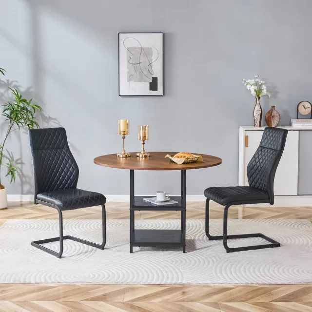REDOM Set tafel en stoelen - Ronde eettafel met dubbele opbergniveaus - 2 stoelen - Industrieel - Woonkamer - MDF en metaal - Zwart en walnoot - 107 cm Zwart, walnoot