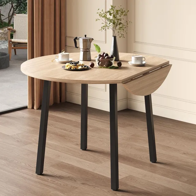 KOMHTOM Opklapbare eettafel, 100 x 100 cm, voor 2 tot 4 personen, rond, metalen poten, opklapbaar blad, geschikt voor kleine appartementen, eikenkleurig