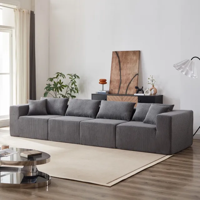 Pugsdrly 104-inch corduroy modulaire L-vormige hoekbank, luxe vloerbankenset, gestoffeerd binnenmeubilair, met schuim gevulde gecomprimeerde bank voor de woonkamer en slaapkamer, vrij te combineren 4-delige set Grijs