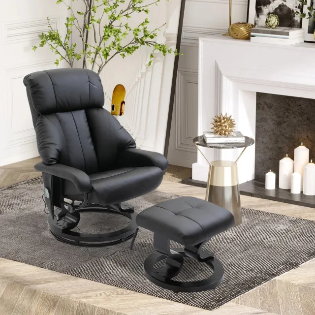 MODENUIT Relaxfauteuil 76 x 80 x 102 cm - Massage En 360 Graden Draaibaar - Met Hocker - Kunstleer - Zwart