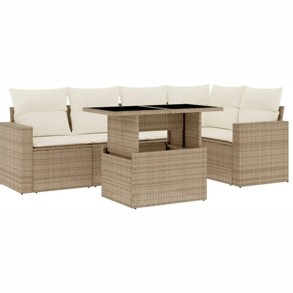 vidaXL 6-delige Loungeset met kussens poly rattan beige, foto 3