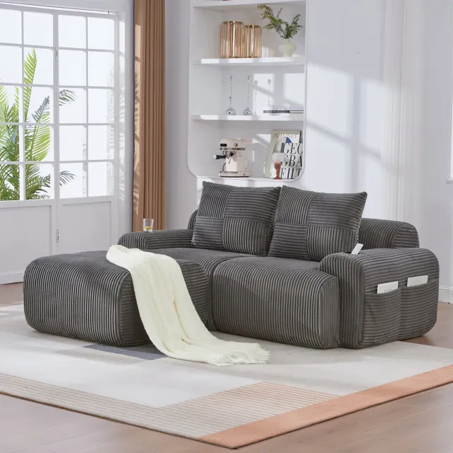 MEUNIQ Modulaire hoekbank 2-zits met hocker, cuphouder en opbergtas – corduroy stoffen bank voor woonkamer en familiekamer – donkergrijs
