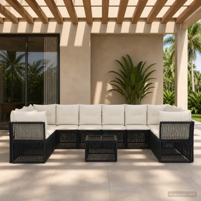 vidaXL Tuinbankenset 11 st 10-zits Zwart poly rattan