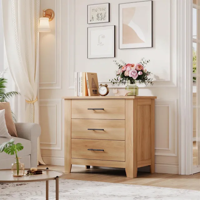 Triumpunpre Ladekast 3 laden 70x40x75 cm‑naturel houtkleur‑zwarte metalen handgrepen‑Nachtkastje‑opbergkast voor slaapkamer en woonkamer