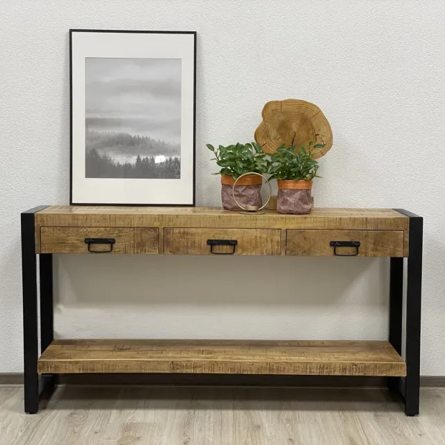 The Copperbarn Britt mangohout Sidetable - Wandtafel - haltafel 150cm 3 lades Multi
