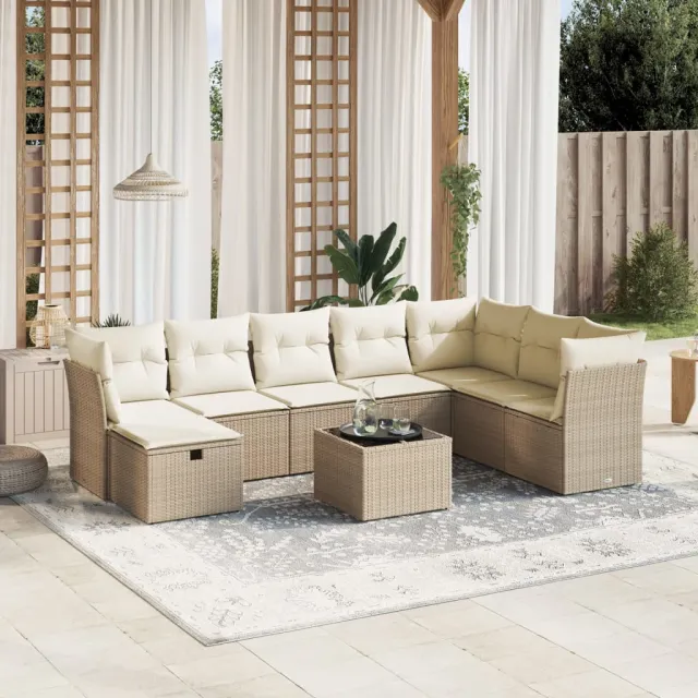 vidaXL 9-delige Loungeset met kussens poly rattan beige, foto 2