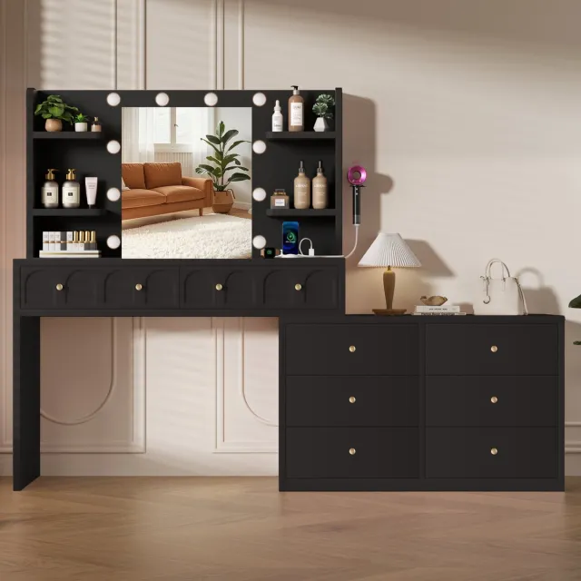 Lexzurn Kaptafel - make up tafel met spiegel - 3 soorten LED-verlichting - draaibaar L-vormig - Met haak voor föhn - Met Stopcontacten & USB-poorten- 8 laden en 11 open opbergruimten - 164x135x40 cm - Voor Slaapkamer Kleedkamer - Zwart Zwart-Draaibare L-vormige