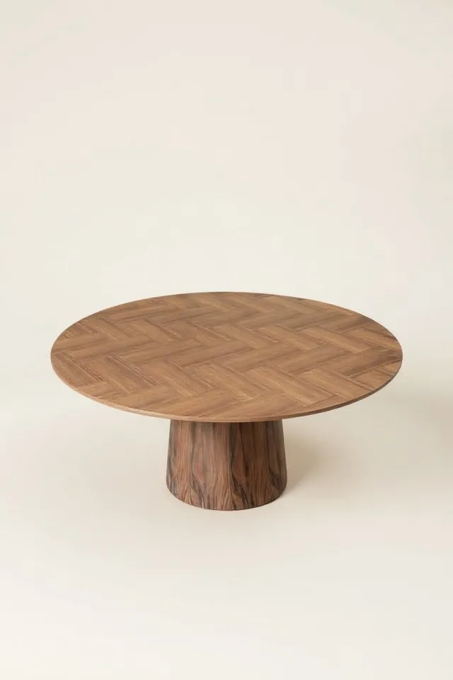 Mbc-Living 130cm ronde eettafel - kegel onderstel - veneer noten - visgraat design - Bonita veneer noten blad met veneer noten onderstel