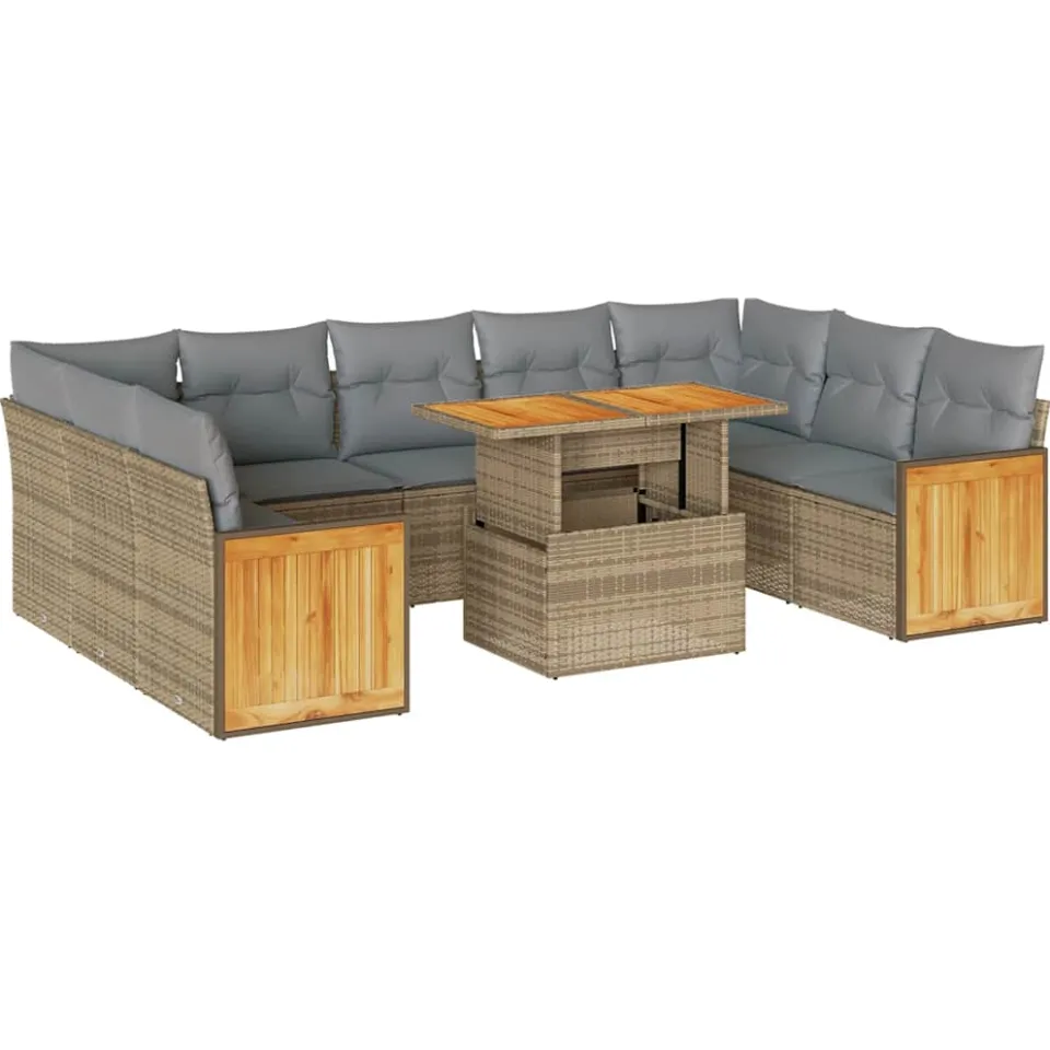 vidaXL 10-delige Loungeset met kussens poly rattan acacia beige, foto 3