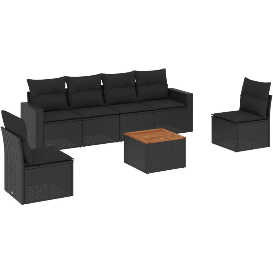 vidaXL 7-delige Loungeset met kussens poly rattan zwart, foto 3
