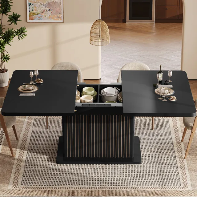 HAUSS SPOLE Eettafel - Uitschuifbaar Met Verborgen Opbergruimte - Voor Eetkamer En Werkplek - MDF En Metaal - Zwart - 120-160x80x76 Cm