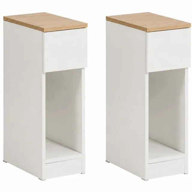 Noventra Nachtkastjes - Set van 2 – Smal Nachtkastje met Lade en Open Vak – Bijzettafel – 20 cm Breed – Wit met Houtlook
