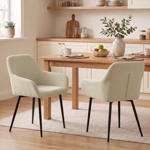 Homona Eetkamerstoelen 2-delige set - Met armleuningen en cordstof - 58 x 59,5 x 81,5 cm - Crèmewit