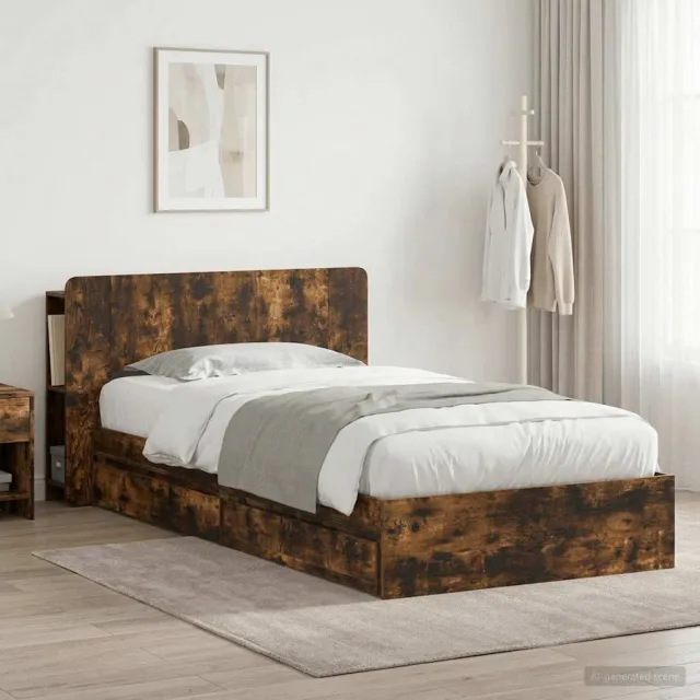 vidaXL Bedframe met opslag Gerookt eiken 90 x 190 cm Bewerkt hout Bruin