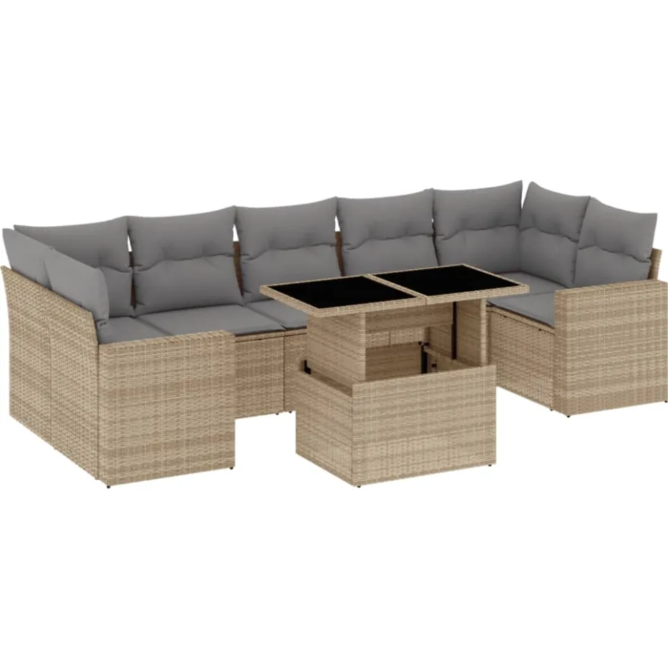 vidaXL 8-delige Loungeset met kussens poly rattan beige, foto 3