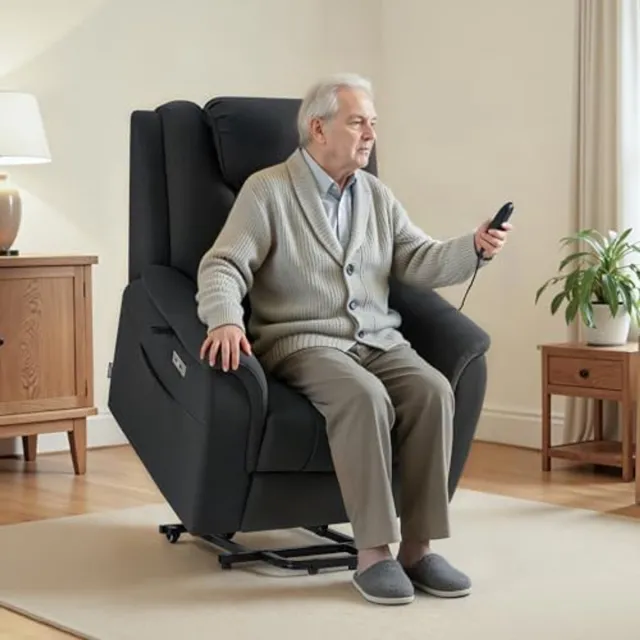 MCombo Elektrische Relaxfauteuil met Sta-op Hulp - Massage & Verwarming - Verstelbare Hoofdsteun - Verrijdbaar - Donkergrijs