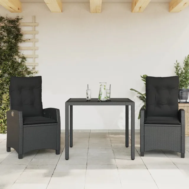 vidaXL 3-delige Tuinset met kussens poly rattan zwart, foto 2