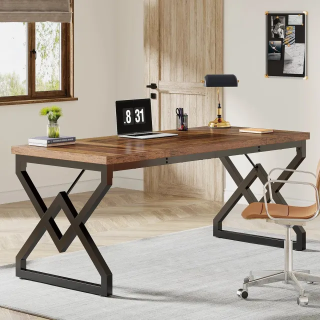 Questyr directiebureau - bureau met extra verdikt houten tafelblad en metalen frame - groot computerbureau van 63 inch zwart / donker bruin