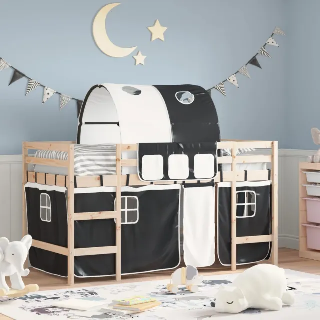 vidaXL Kinderhoogslaper met tunnel 80x200 cm grenenhout wit en zwart
