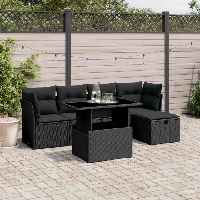 vidaXL 6-delige Loungeset met kussens poly rattan zwart, foto 2