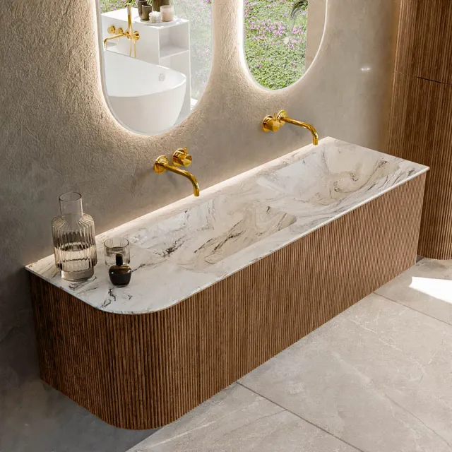 Mondiaz KURVE-DLUX 145 cm Onderkast Greeploos 1 Lade Met Deuren Walnut, Wastafel Solid Surface Rechts Glace 0 Kraangaten Zonder Spiegel (KRVLEA145L1L1D0KD-Wal/Gla)