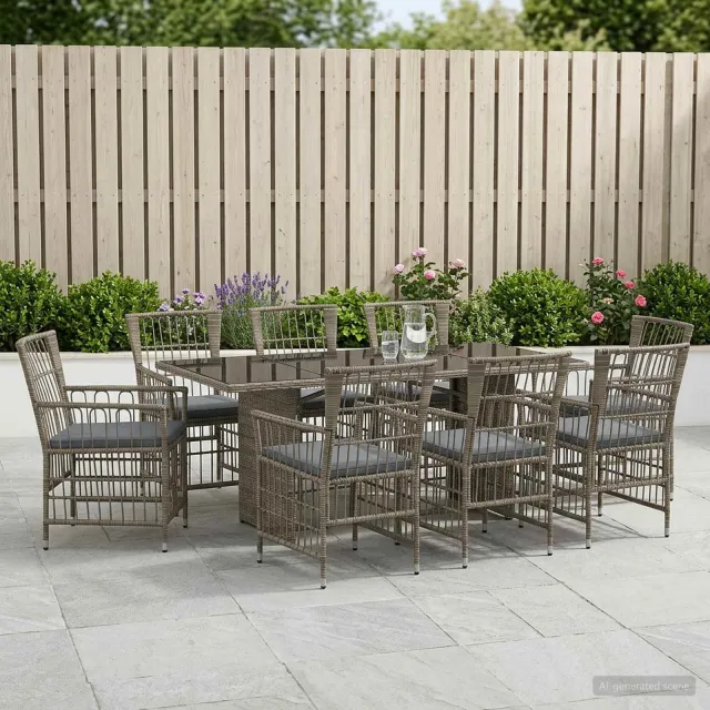 vidaXL Buiten eettafelset 9 st Grijs poly rattan
