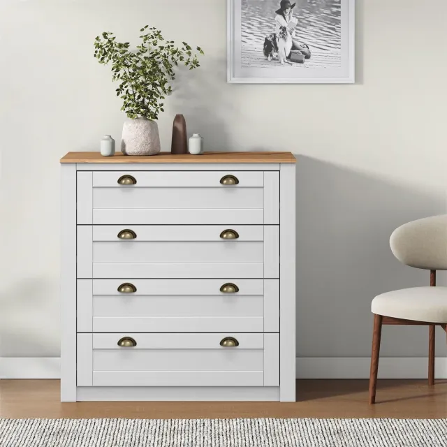 IDIMEX Commode BOLTON met 4 lades, grenenhout in wit/bruin