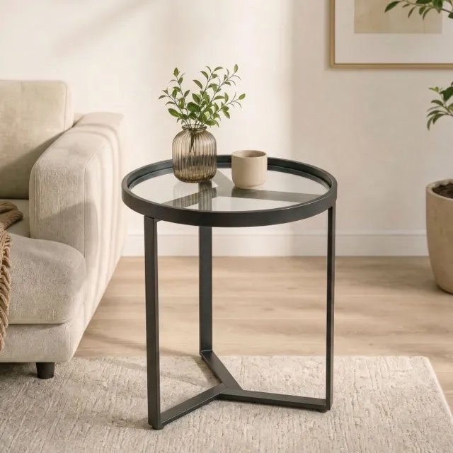 STILVORA Ronde Bijzettafel Met Gehard Glas En Geometrisch Metalen Frame Voor Woonkamer En Slaapkamer Compact Voor Kleine Ruimtes Zwart 45 Cm