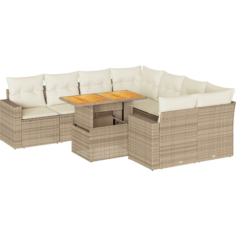vidaXL 9-delige Loungeset met kussens poly rattan beige, foto 3