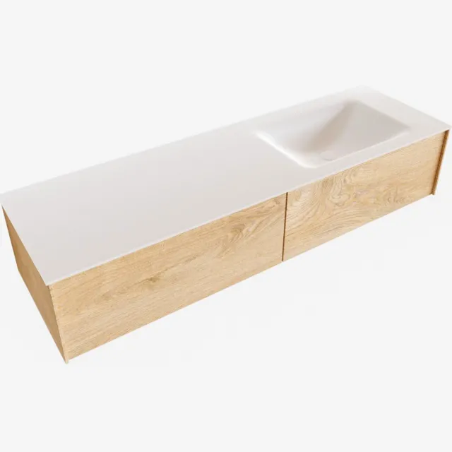 Boss & Wessing Badkamermeubel BWS Madrid Washed Oak 150x45x30 cm Mat Witte Solid Surface Wastafel Rechts (2 lades, 1 kraangat)