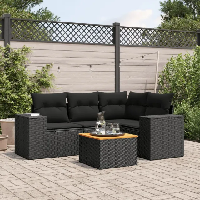 vidaXL 5-delige Loungeset met kussens poly rattan zwart, foto 2