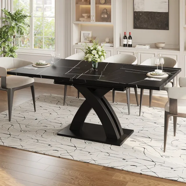 STILVORA Eettafel - Uitschuifbaar 120(160)x80x76 Cm - X-Frame Met Verbergde Inlegplaat - MDF/Metaal - Voor Keuken En Balkon - Zwart