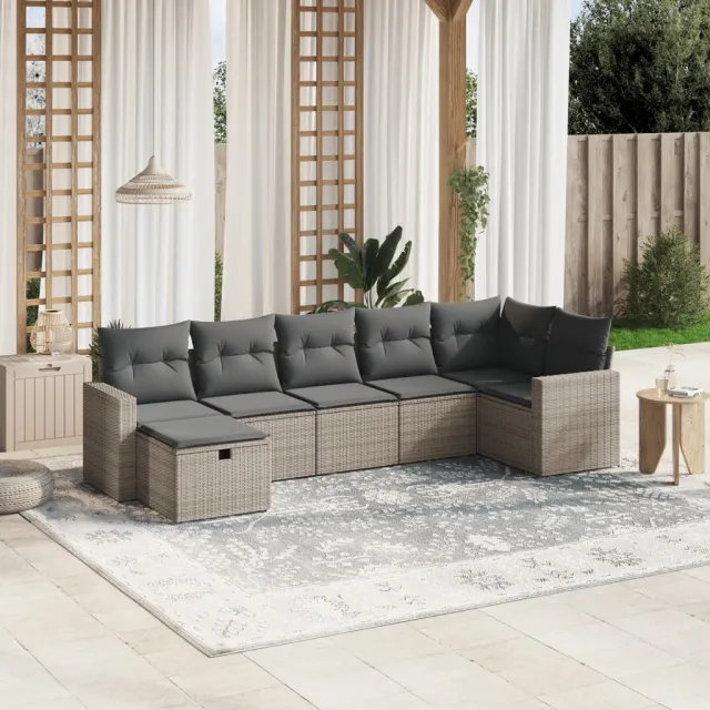 vidaXL 7-delige Loungeset met kussens poly rattan grijs, foto 2