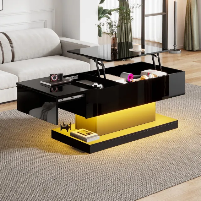 HAUSS SPOLE Salontafel - Hoogglans Liftblad Met Led En Opbergruimte - Voor Moderne Woonkamer - Spaanplaat - 100x50x45 Cm - Zwart