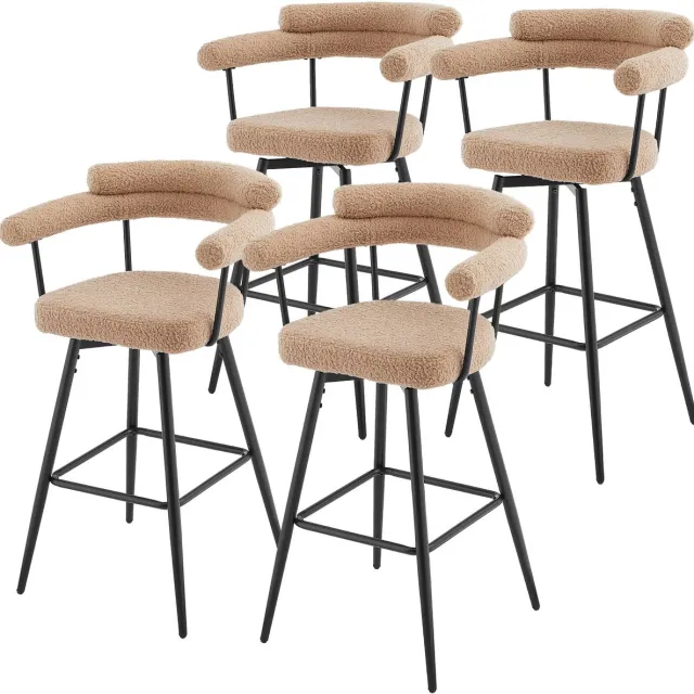 ml-design draaibare barkrukken set van 4 bruin teddy gestoffeerde keukenstoelen met armleuning rugleuning voetsteun 360 graden draaibaar hoge barkrukken bistrokrukken moderne barstoelen comfortabele keukenkrukken stalen frame rond design