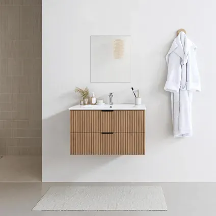 Aurlane Badmeubelset Amelia 60cm - Hout - Met Spiegel En Wastafel - Met 2 Lades - Met Witte Wastafel, foto 2