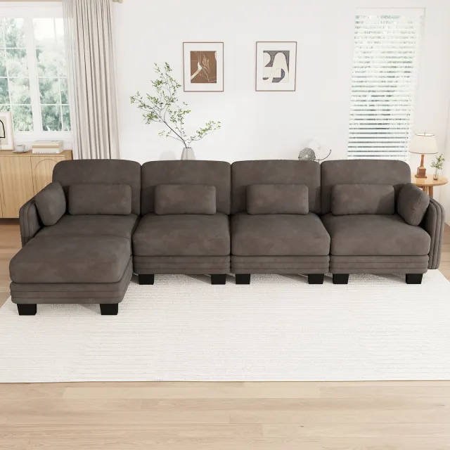 MIVRAY Hoekbank 330 x 143 x 88 cm - Modulaire Vierpersoonsbank met Voetenbank en Verplaatsbare Kussens - Voor Woonkamer - Chenille - Bruin