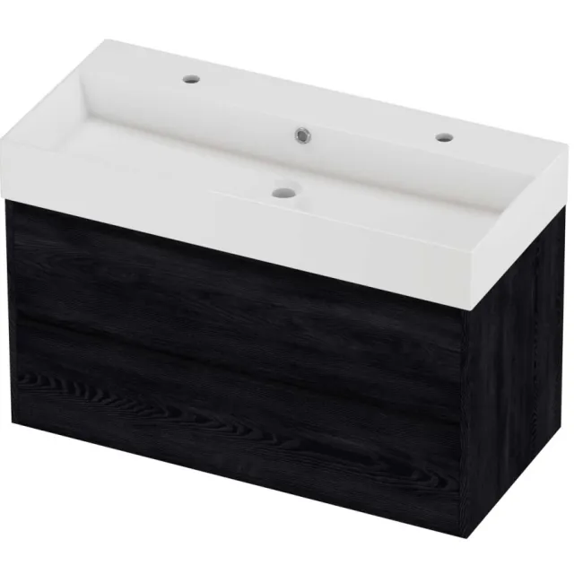 Proline Zara Badmeubelset Porselein Loft 2 Kraangaten Greeploos 100x46x65 cm Glans Wit Black Oak