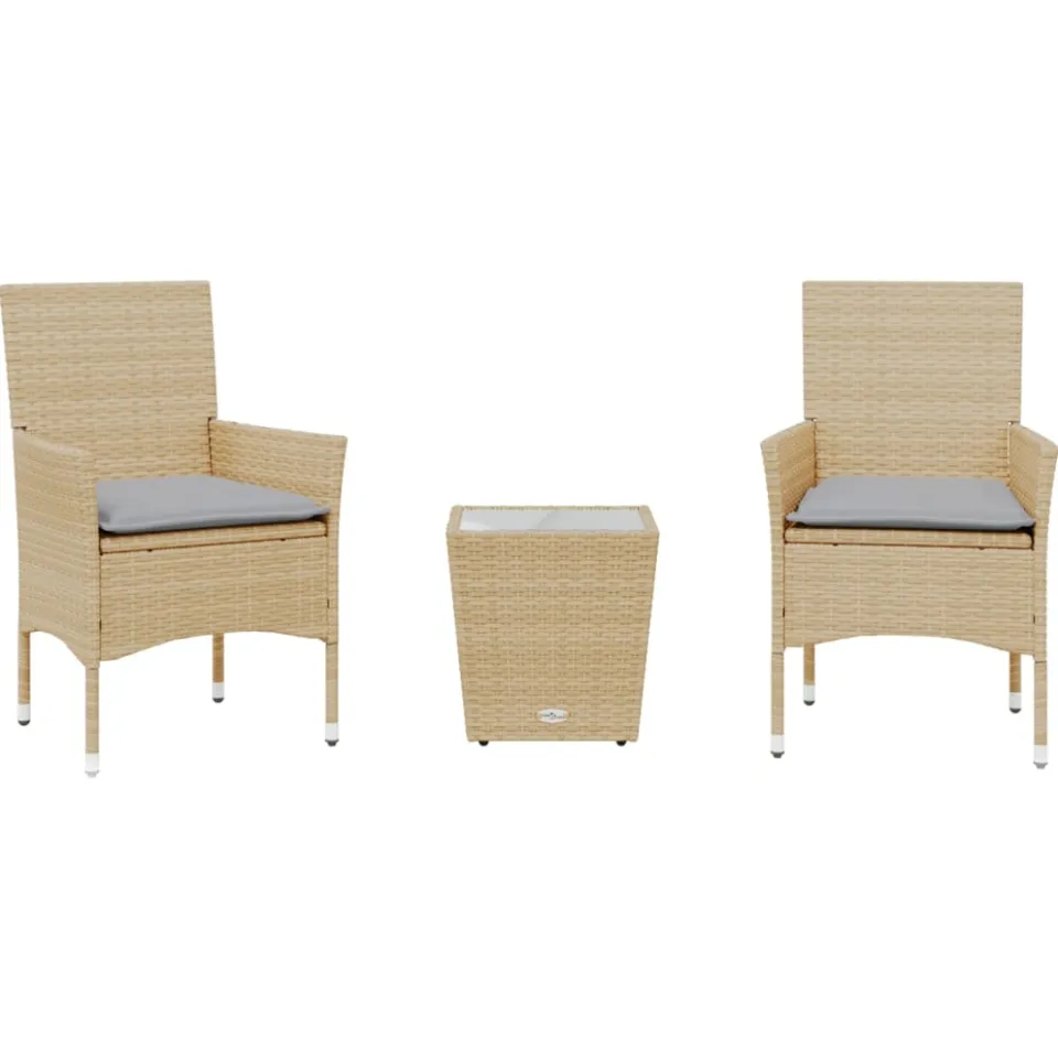 vidaXL 3-delige Bistroset met kussens poly rattan en glas beige, foto 3