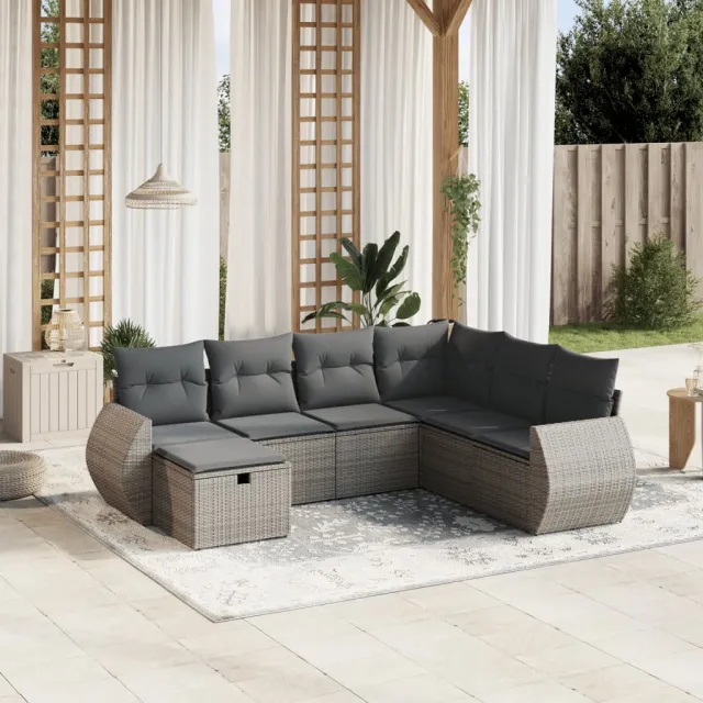 vidaXL 7-delige Loungeset met kussens poly rattan grijs, foto 2