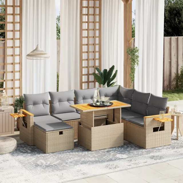 vidaXL 8-delige Loungeset met kussens poly rattan beige, foto 2
