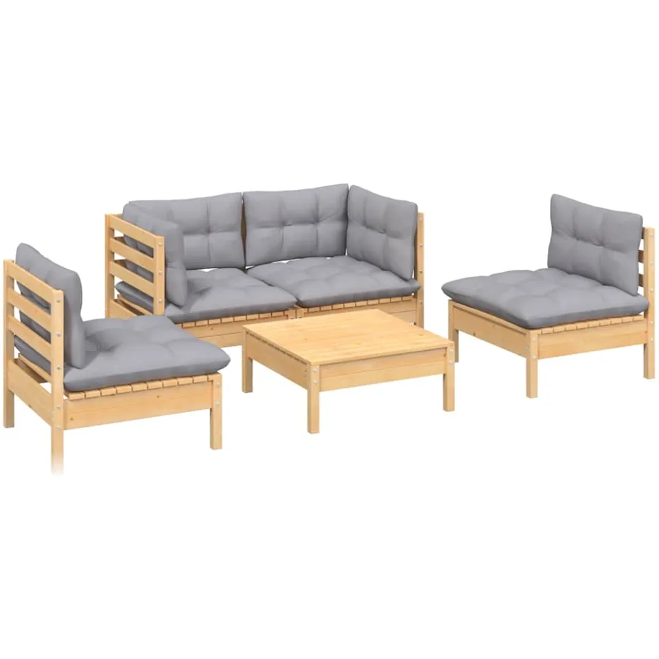vidaXL 5-delige Loungeset met grijze kussens massief grenenhout grijs
