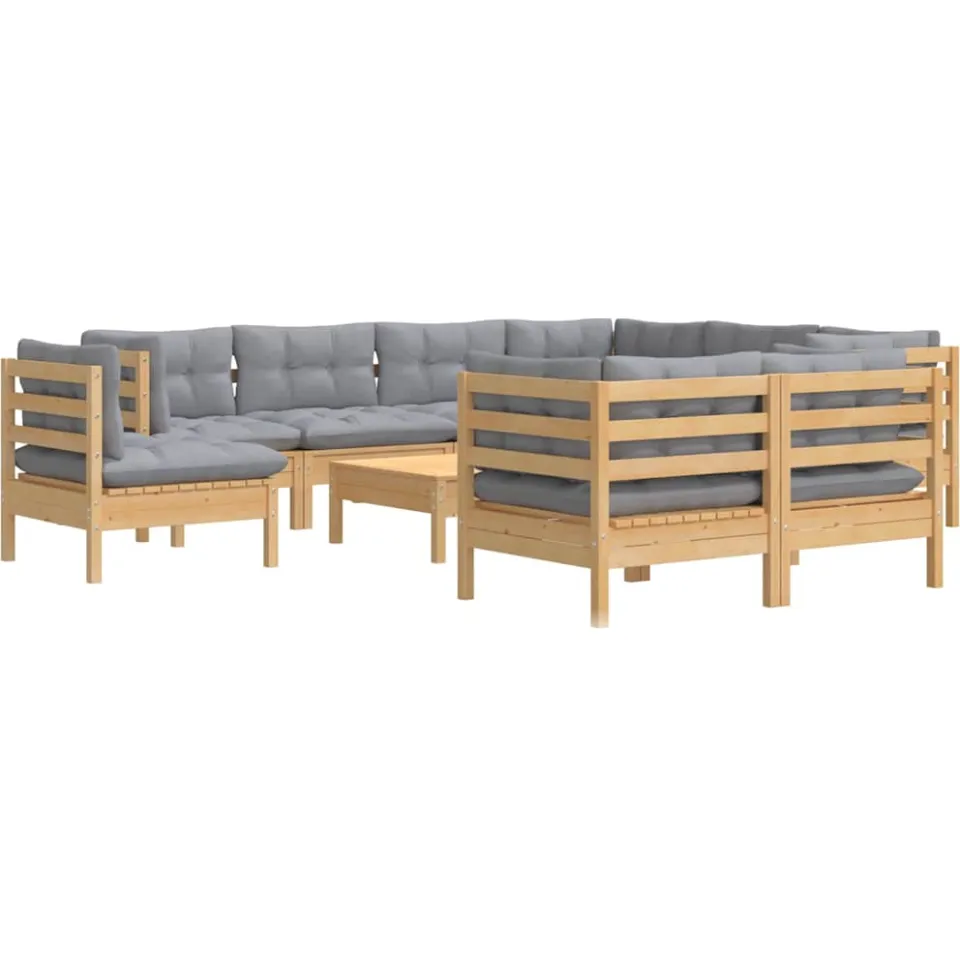 vidaXL 10-delige Loungeset met grijze kussens massief grenenhout Grijs
