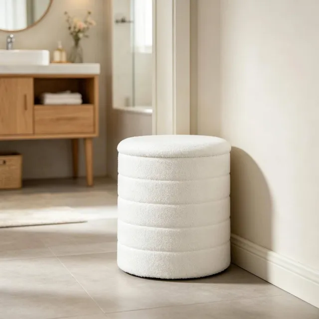 MIVRAY Poef 40,5 x 43 cm - Verborgen Opbergruimte En Omkeerbaar Blad - Voor Woonkamer Slaapkamer En Hal - Teddyfleece Wit