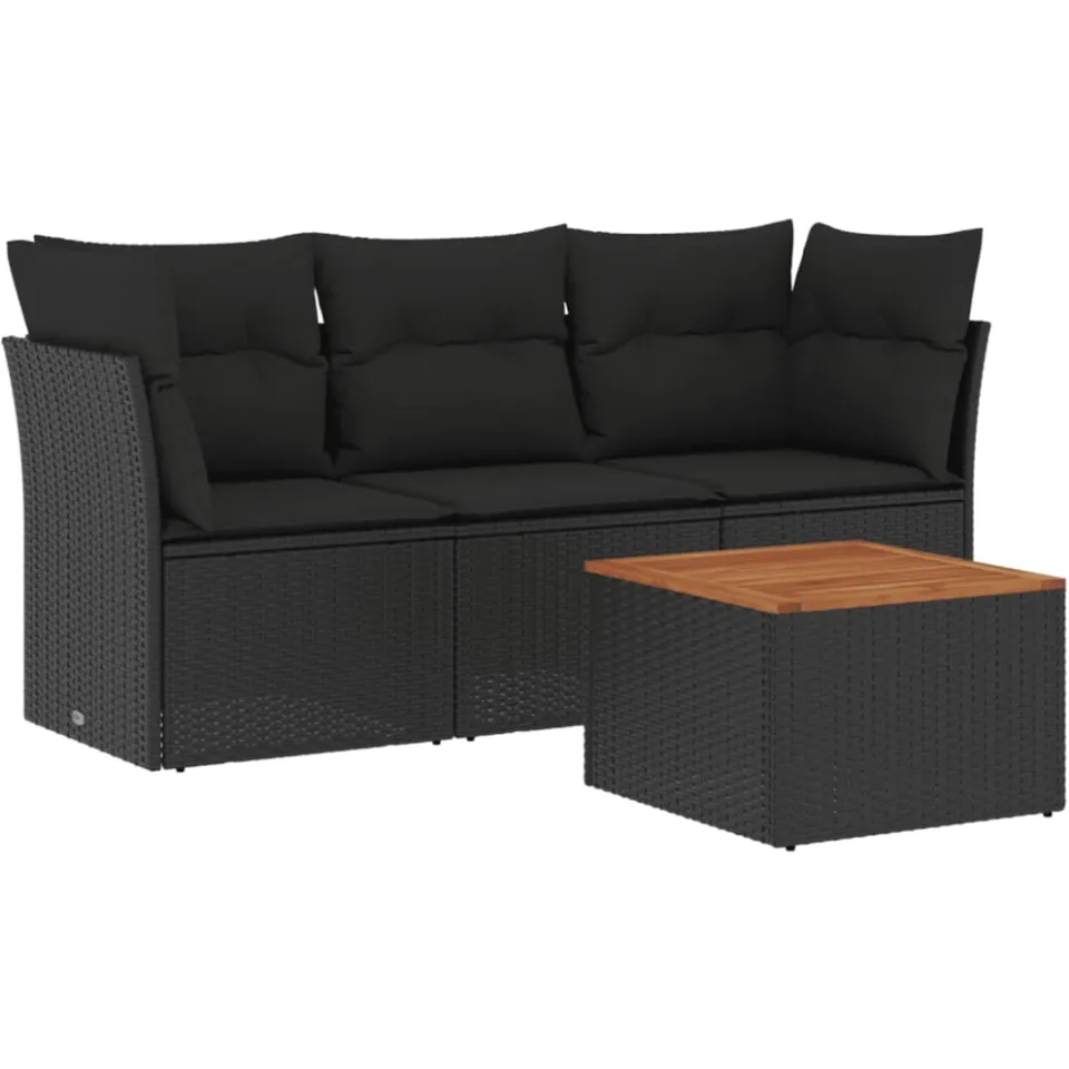 vidaXL 4-delige Loungeset met kussens poly rattan zwart, foto 3