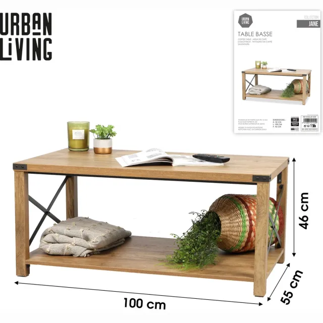 Urban Living "JANE" SALONTAFEL MET HOEKEN EN KRUISVERSTEVIGING IN METAAL 100X55XH46CM beige