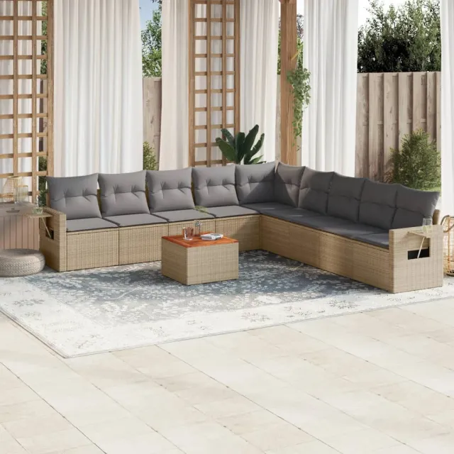 vidaXL 10-delige Loungeset met kussens poly rattan beige