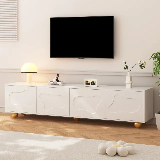 FloraGrace Tv Meubel - Wolkvormige Deuren En 4 Deuren - Voor Woonkamer En 75 Inch Tv - Spaanplaat En Wit - 180x40x45 Cm