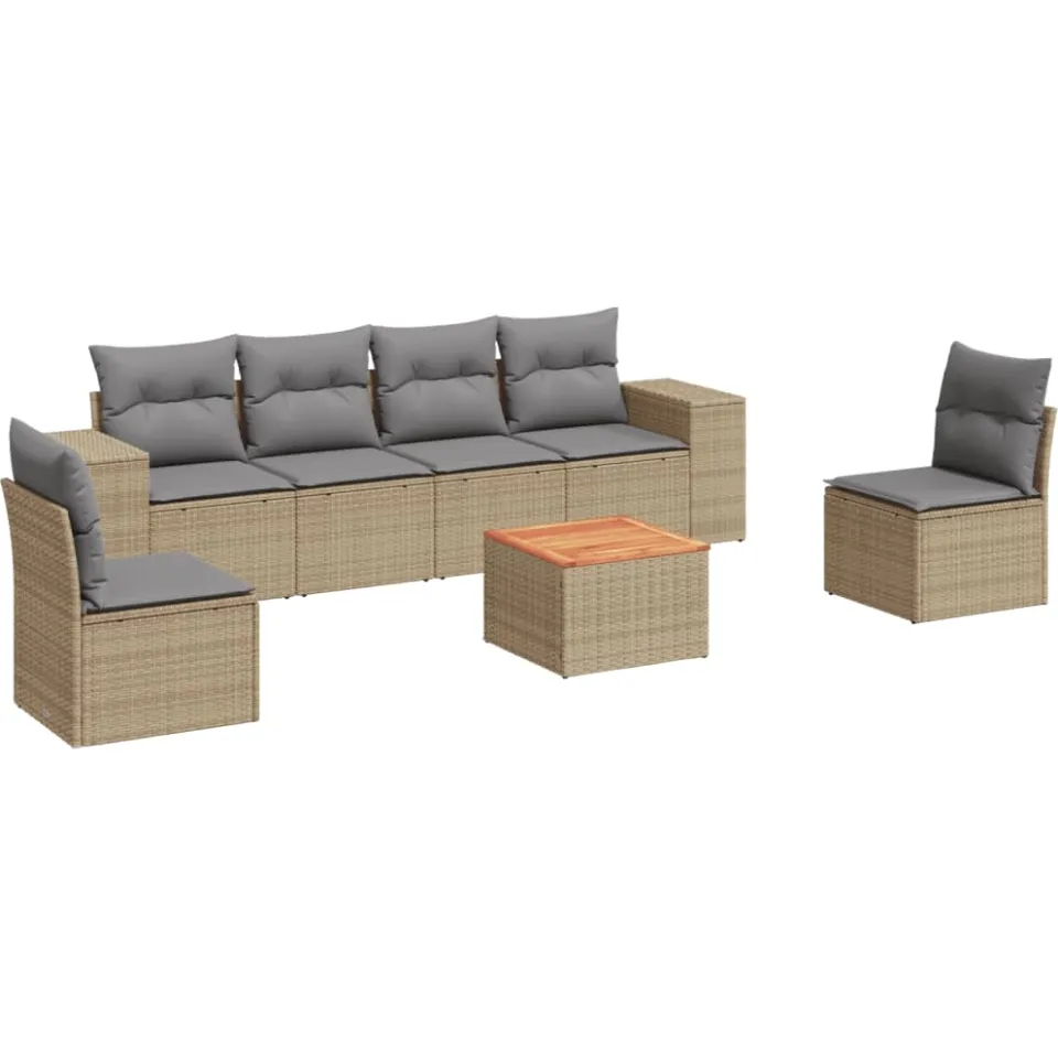 vidaXL 7-delige Loungeset met kussens poly rattan beige, foto 3