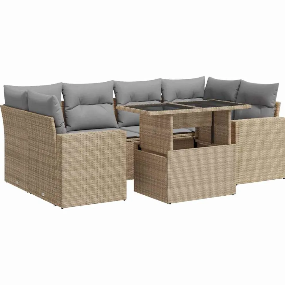 vidaXL 7-delige Loungeset met kussens poly rattan beige, foto 3